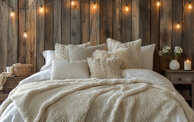 Cozy bedroom with warm string lights and a plush, inviting bed adorned with soft textiles.