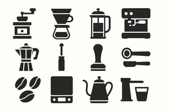 Coffee preparation icons including grinder and espresso machine on white background