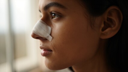 Woman with bandaged nose recovering after surgery