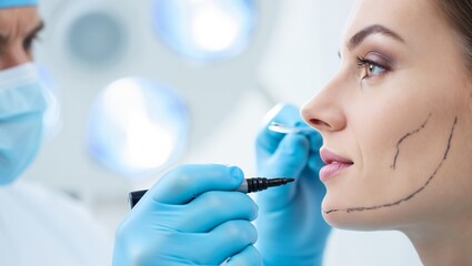 Woman with face markings before cosmetic surgery