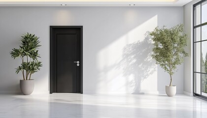 Contemporary Entrance To Home With Hallway: White Walls, Black Front Door, And Modern Entry Interior Design. Clean And Stylish Home Entryway.