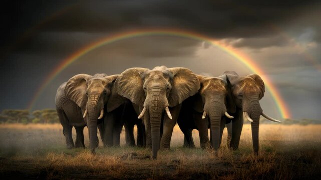Majestic elephants gather in a striking landscape as a rainbow graces the sky during golden hour, showcasing nature's beauty