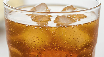Close-up of a beverage with ice cubes.