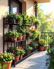 Naklejka premium A vibrant balcony adorned with colorful flower pots, creating a lively and inviting atmosphere in a sunny outdoor setting.