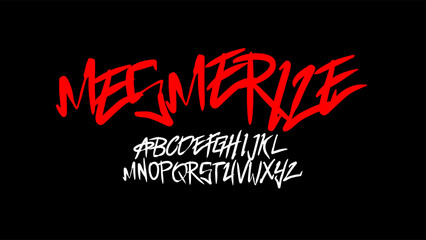 Mesmerize font typeface. graffiti style vector alphabet featuring bold red lettering in expressive street handstyle for stickers, posters, print apparel typography