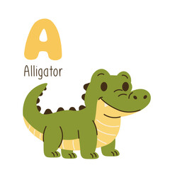 Cute cartoon illustration of an alligator with the letter A, ideal for kids' alphabet learning, educational posters, and nursery decor