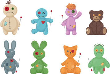 Colorful cartoon voodoo dolls displayed in a whimsical arrangement showcasing unique designs and playful expressions