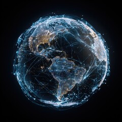 A digital rendering of Earth at night, showcasing city lights and a glowing network of interconnected lines representing global communication and travel