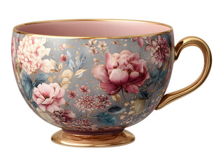 delicate porcelain tea cup with gold rim, pastel color with floral pattern
