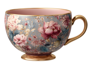 delicate porcelain tea cup with gold rim, pastel color with floral pattern