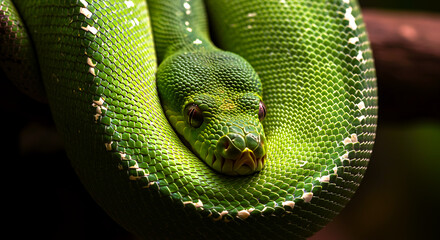 Obraz premium Emerald Tree Boa coiled in patient anticipation its scales shimmer like a jungle gem ready to strike against dark lush