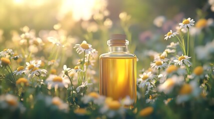 Soft-focus image of chamomile oil bottle surrounded by fresh blooms