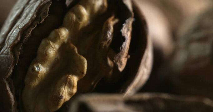 Falling Walnut Cracking Open in Slow Motion. Macro of Nut Shell Breaking to Reveal Kernel Inside, Capturing Natural Texture, Energy, and the Moment of Impact with Fine Detail at 1000 fps.