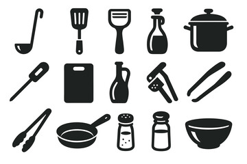 Obraz premium Silhouettes of kitchen utensils: ladle, spatula, peeler, bottles, pot, pan, salt shaker, bowl