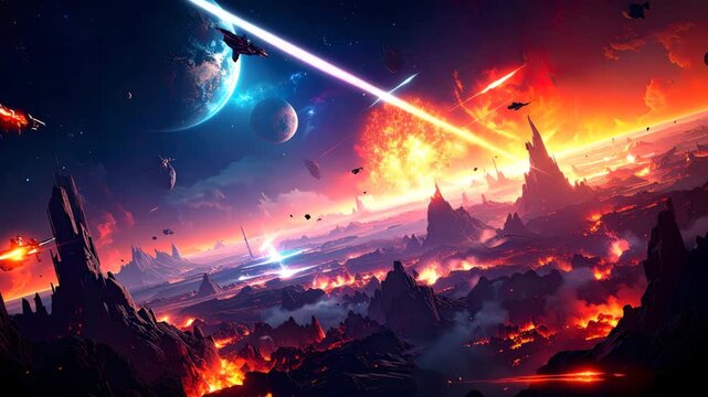 A thrilling space battle background in a mecha or sci-fi manga style