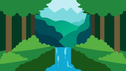 Serene Forest with a River and a Small Hidden Cave Behind a Waterfall