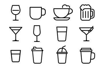 Outline icons of various drinkware: glasses, mugs, cups, and beer