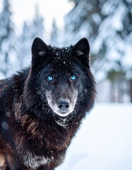 Dark Wolf with Piercing Blue Eyes in Winter Woods