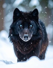 Black Wolf Staring Through Snowfall