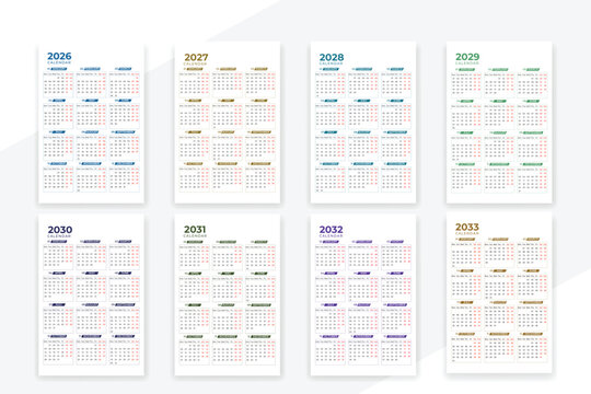 Calendar 2026 year set collection 2027 to 2033 years design template