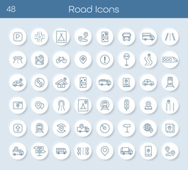 Road traffic icon set includes parking sign, traffic light, bus, location, road, sign, intersection, train, car, telephone, stop sign, house. Signs of different locations. Road traffic rules.