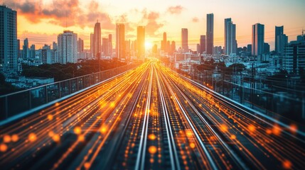 Obraz premium Night skyline with dynamic light trails forming financial graph shapes