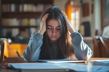 Overwhelmed teen girl feeling school pressure and anxiety