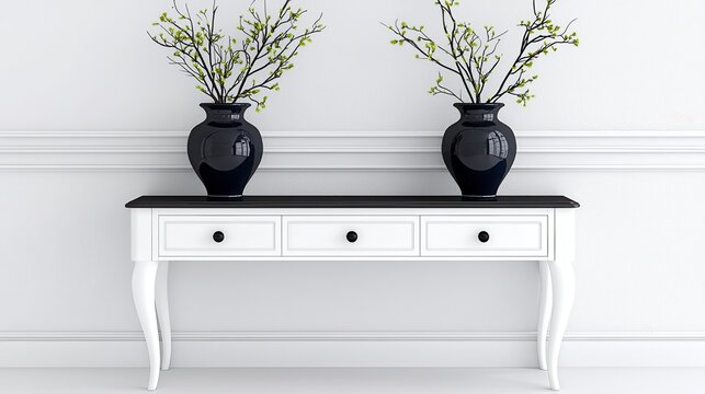 A stylish white console table with three drawers is elegantly adorned with two dark vases filled with delicate sp branches against a clean white wall backdrop.