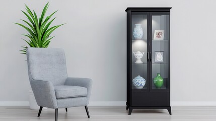 A sleek black display cabinet showcases a curated collection of vintage porcelain vases and framed artwork in a modern living room setting next to a stylish grey armchair adding