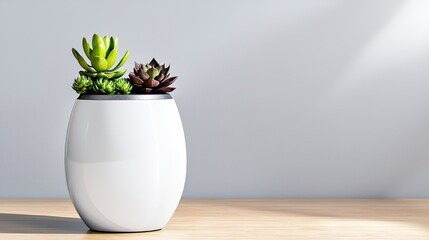 A stylish white drum side table elegantly displays a vibrant arrangement of succulents in a modern minimalist pot against a soft gray wall, showcasing a bright and airy interior