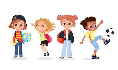 Set of school kids with school supplies.School characters with notebooks and backpacks. Collection of preschoolers, children. Kid's activities. Studying and doing sports.