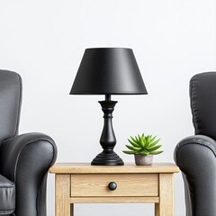 A stylish black vintage lamp sits atop a light wooden end table, complemented by a small succulent plant, adding a touch of elegance to a modern living room setting between two