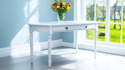 A stylish white oval extension dining table with a single drawer is beautifully showcased in a bright room with a vibrant bouquet of colorful flowers adding a cheerful touch to the