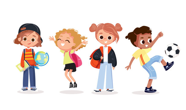 Set of school kids with school supplies.School characters with notebooks and backpacks. Collection of preschoolers, children. Kid's activities. Studying and doing sports.