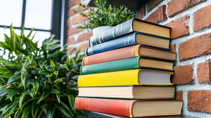 A stack of vintage hardback books sits on a stylish industrial bookshelf against a red brick wall next to a small potted plant adding a touch of rustic charm to the home library.