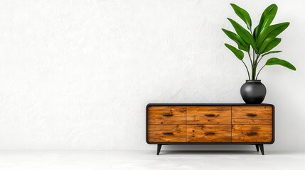 A stylish mid-century modern sideboard with rustic wood drawers is elegantly displayed against a textured white wall, accented by a contemporary black vase holding a vibrant green