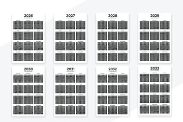 Calendar 2026 to 2033 years monthly template Print ready design