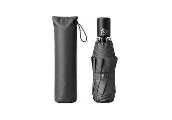 Closed black umbrella with case isolated on transparent background