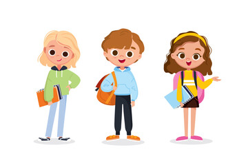 Set of school kids with school supplies.School characters with notebooks and backpacks. Collection of preschoolers, children. Kid's activities. Studying and doing sports.