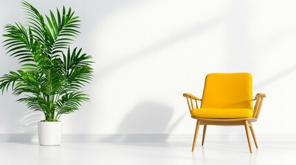 A vibrant yellow wishbone chair sits elegantly in a sunlit minimalist room next to a potted palm plant adding a touch of mid-century modern design to the bright white interior