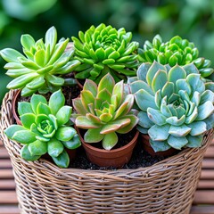 A stylish wicker basket overflowing with vibrant green succulents, a charming and modern centerpiece perfect for a coffee table or patio, adding a touch of nature's beauty to any