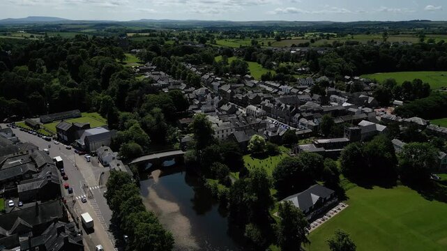 4K: Aerial Drone Video of Appleby in Westmorland  in Cumbria, England, UK. Circular of the Town Centre with River. Stock Video Clip Footage