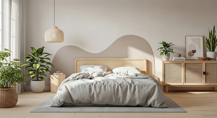 Modern Japandi bedroom with wooden furniture, a wavy accent wall, and biophilic design elements like houseplants.