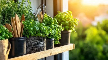 A rustic bakers rack holds vibrant potted herbs and cooking utensils bathed in warm sunlight creating a charming kitchen garden scene perfect for culinary inspiration.