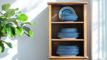 A vintage wooden china cabinet displays a beautiful collection of heirloom blue and white porcelain dishes plates and bowls showcasing intricate patterns and designs perfectly