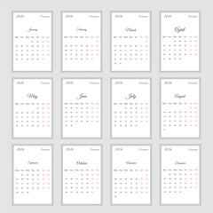 2026 year calendar print ready one page 12 months design template
