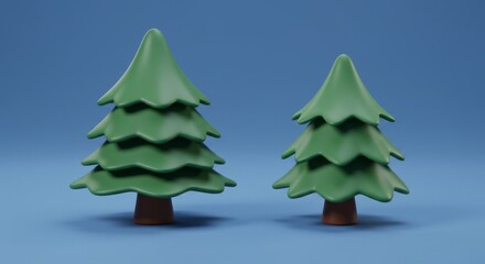 Two stylized cartoon evergreen trees with brown trunks stand side-by-side against a solid blue background.
