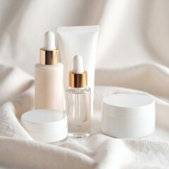 Luxurious Skincare Products Displayed on Soft Fabric with Natural L...