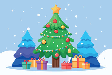 A decorated christmas tree stands amidst a snowy winter landscape