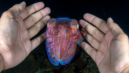 Cuttlefish Encounter: A Close-Up with Human Hands in the Deep Blue Sea